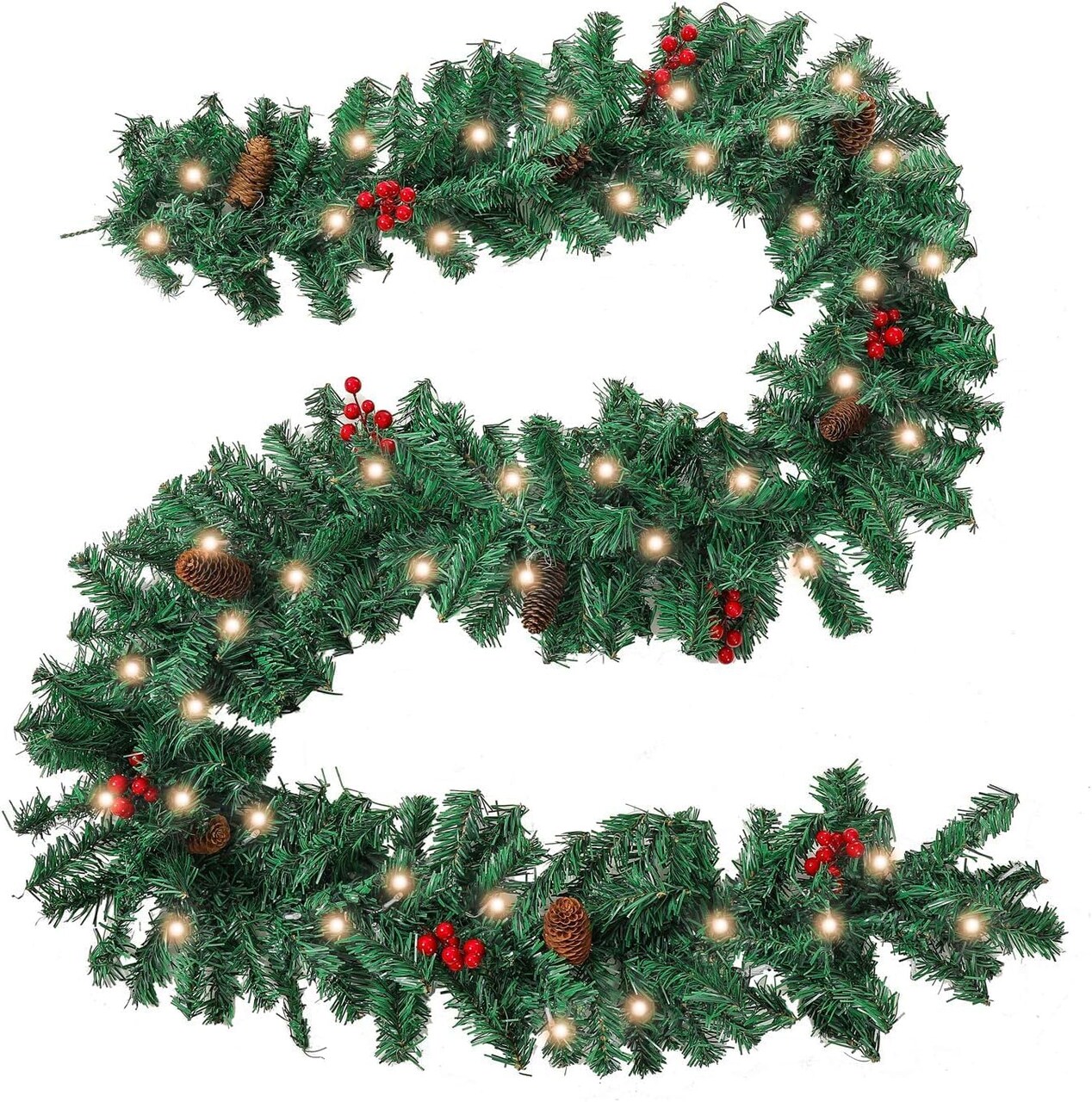 Pre-lit 9 ft Christmas Garland with Red Berries and Pine Cones, 50 Waterproof LED Lights (1)